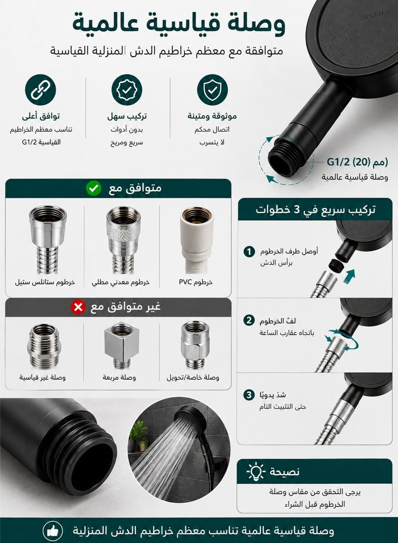 شو وو رأس دش بضغط ماء عالٍ، رأس دش يدوي توربو بلوحة من الستانلس ستيل، تدفق ماء قوي، فتحات مقاومة للانسداد، سهل التنظيف والتركيب للحمام وضغط المياه المنخفض، أسود - Image 5