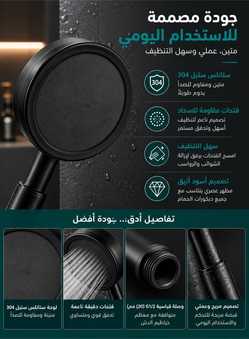 شو وو رأس دش بضغط ماء عالٍ، رأس دش يدوي توربو بلوحة من الستانلس ستيل، تدفق ماء قوي، فتحات مقاومة للانسداد، سهل التنظيف والتركيب للحمام وضغط المياه المنخفض، أسود - Image 4
