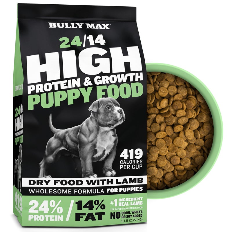 Bully Max Puppy Food 24/14 High Protein & Growth Formula - Dry Dog Food with Lamb and Rice for Small Dogs and Large Breed Puppies - Natural, Slow-Cooked, Sensitive Stomach Pet Food, 5-Pound Bag - Image 1