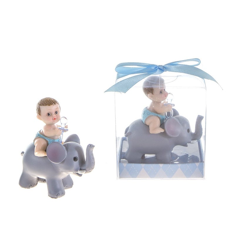 Lunaura Baby Keepsake - Set of 12 Boy Baby Holding Pacifier Sitting on Elephant Favors - Blue