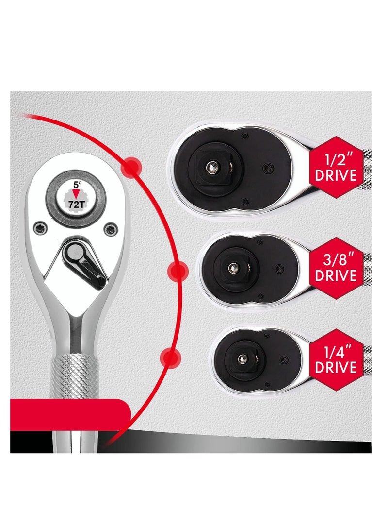 SYOSI 1/4, 3/8, 1/2 Inch Drive Stubby Ratchet Set 3 Pc Mini Ratchet Quick-Release Head 72-Tooth - Image 3