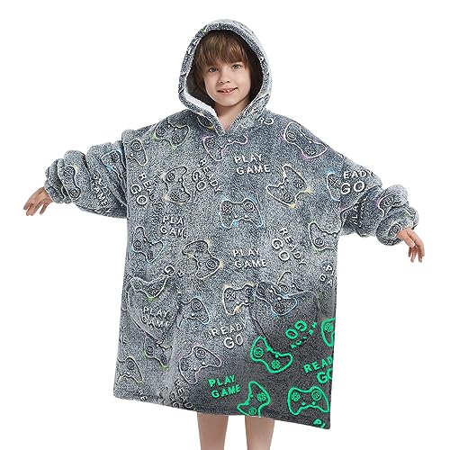 Fiosnow Glow in the Dark Game Controller Blanket Hoodies for Kids 6-13YR Oversize Wearable Blanket Hoodies for Boys Girls Teens - Image 1