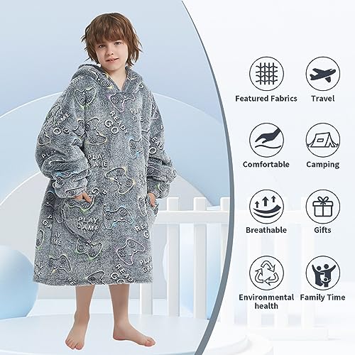 Fiosnow Glow in the Dark Game Controller Blanket Hoodies for Kids 6-13YR Oversize Wearable Blanket Hoodies for Boys Girls Teens - Image 3