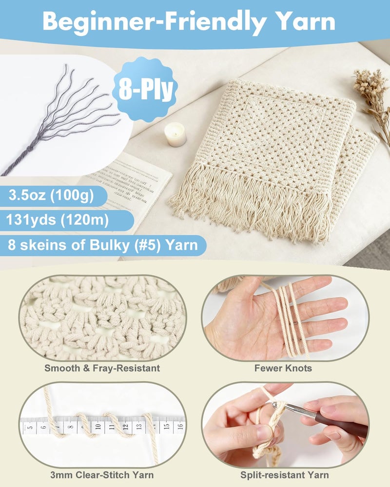 Arborthread Crochet Kit for Beginners, Easy All-Season Pocket Shawl & Scarf Crochet Kit for Adults w/Ample Premium Yarn to Fit Different Sizes, Step-by-Step Video & Instructions, Light Khaki - Image 4