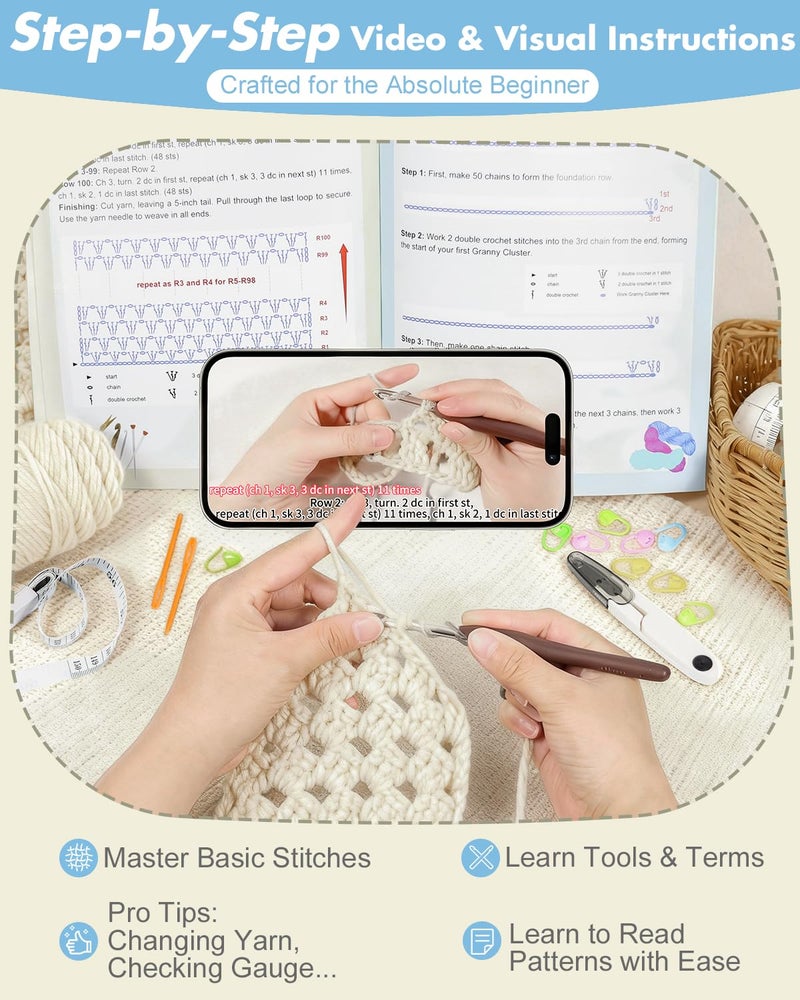 Arborthread Crochet Kit for Beginners, Easy All-Season Pocket Shawl & Scarf Crochet Kit for Adults w/Ample Premium Yarn to Fit Different Sizes, Step-by-Step Video & Instructions, Light Khaki - Image 3