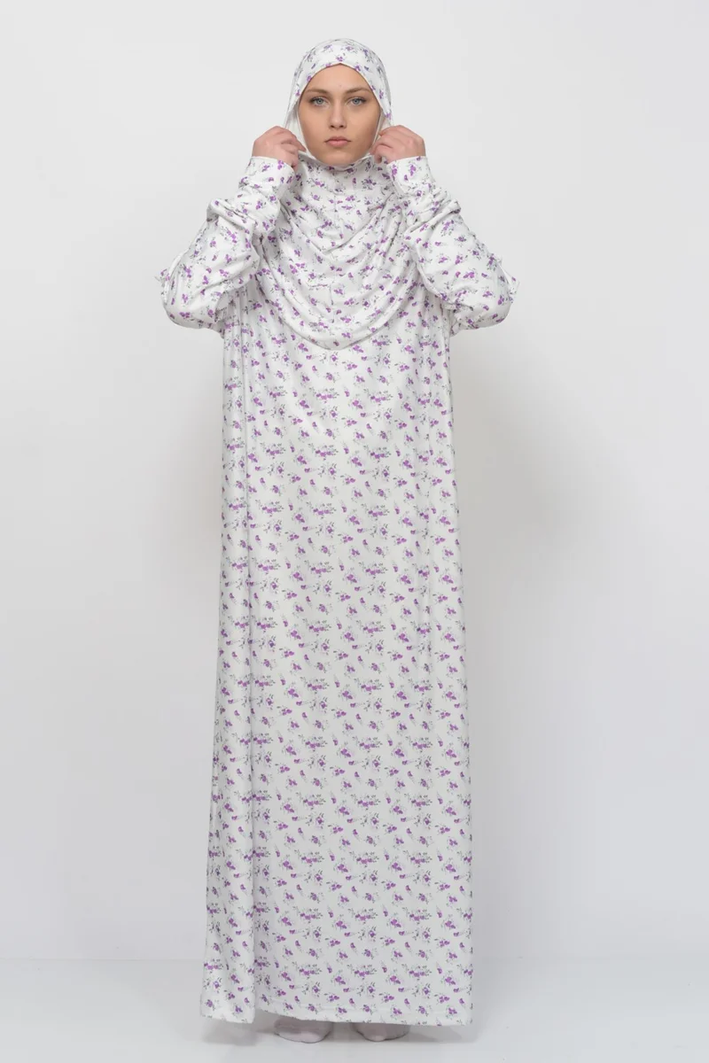 Altobeh Practical One Piece Floral Patterned Sleeves Removable Hijab Lycra Hijab Prayer Dress 990-0203