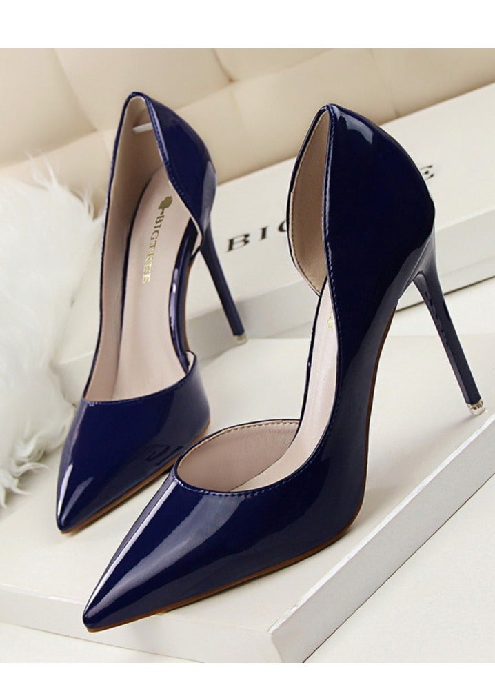 BIGTREE أحذية جلدية لامعة بسيطة وأنيقة ذات كعب رفيع ومقدمة ضيقة باللون الأزرق - Image 1