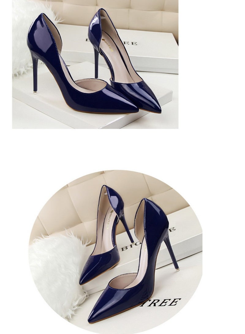 BIGTREE أحذية جلدية لامعة بسيطة وأنيقة ذات كعب رفيع ومقدمة ضيقة باللون الأزرق - Image 2