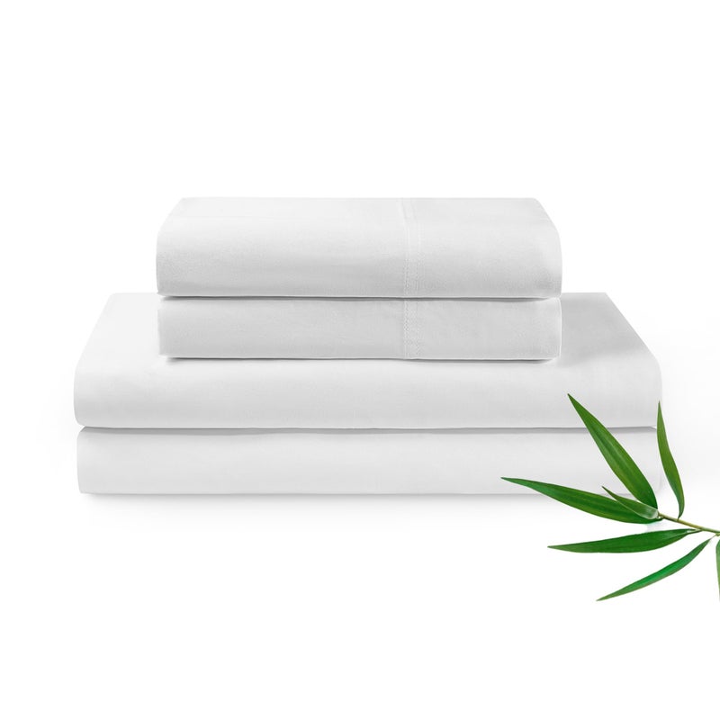 YnM Cooling Bed Sheet Set with 100 Percent Rayon Derived from Bamboo 400TC Fabric with 2 Pillowcases and Flat Sheet Deep Pocket Fit 19 SilkySoft Sweat Wicking 4 Piece King White