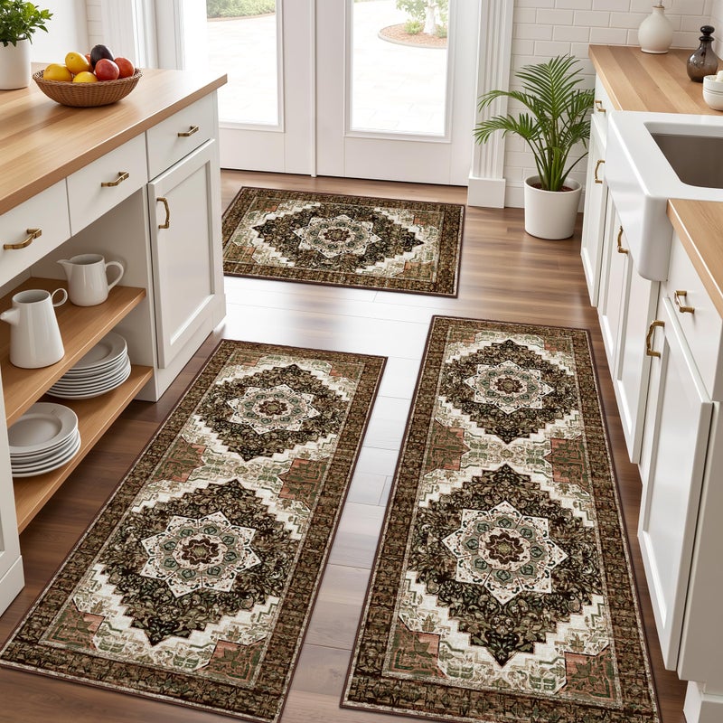 Tritard 100% Non Slip Kitchen Rugs Sets of 3 Washable Boho Kitchen Mats for Floor Vintage Farmhouse Kitchen Rug Soft Runner Rug for Hallway, Laundry Room, Indoor Entryway, Brown - Image 1