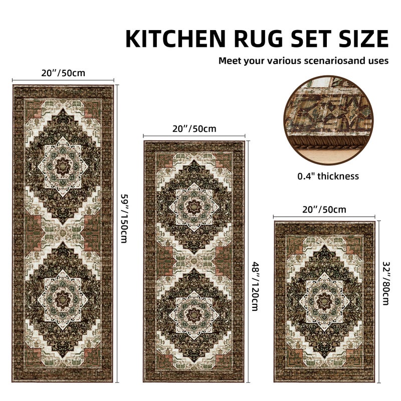 Tritard 100% Non Slip Kitchen Rugs Sets of 3 Washable Boho Kitchen Mats for Floor Vintage Farmhouse Kitchen Rug Soft Runner Rug for Hallway, Laundry Room, Indoor Entryway, Brown - Image 5