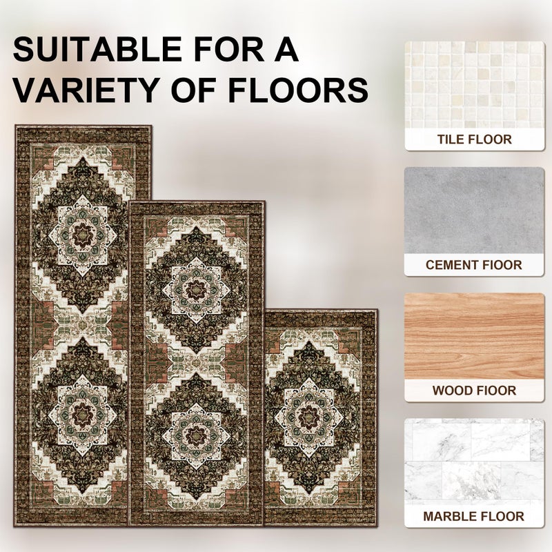 Tritard 100% Non Slip Kitchen Rugs Sets of 3 Washable Boho Kitchen Mats for Floor Vintage Farmhouse Kitchen Rug Soft Runner Rug for Hallway, Laundry Room, Indoor Entryway, Brown - Image 3