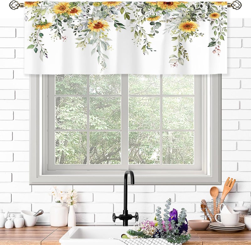 oolygoo ستائر مطبخ عباد الشمس الخشبية بأوراق الأوكالبتوس الزهرية، ستائر نباتية زهرية لغرفة النوم والحمام وغرفة المعيشة، طبقة واحدة مقاس 52 × 18 بوصة - Image 3
