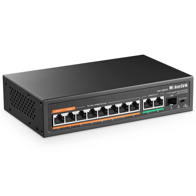 MokerLink 11 Port Gigabit PoE Switch with 8 PoE+ Port, 2 Gigabit Uplink, 1 SFP Port, 120W AI Detection, Qos, Fanless Metal Plug & Play Unmanaged Network Switch - Image 1