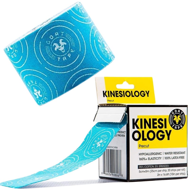 Goat Tape Goat Tape Kinesiology athletic tape Blue fabric with white ink print Precut strips 5cm x 5m Sold as single rolls 