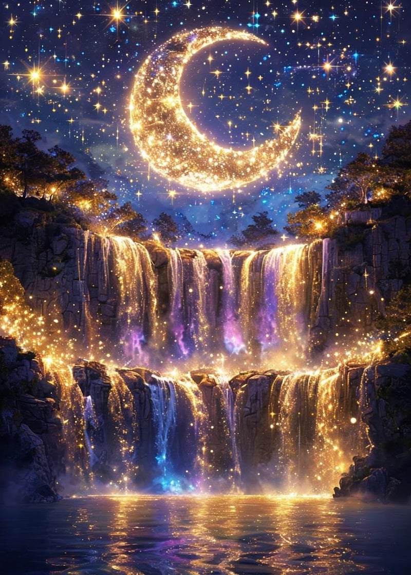 KINPLUB 5D Diamond Painting Kits for Adults Beginners, Moonlight Waterfall Diamond Art Kits for Adults, DIY Full Drill Round Moon Landscape Diamond Dots, Home Wall Decor 12x16 Inch - Image 1