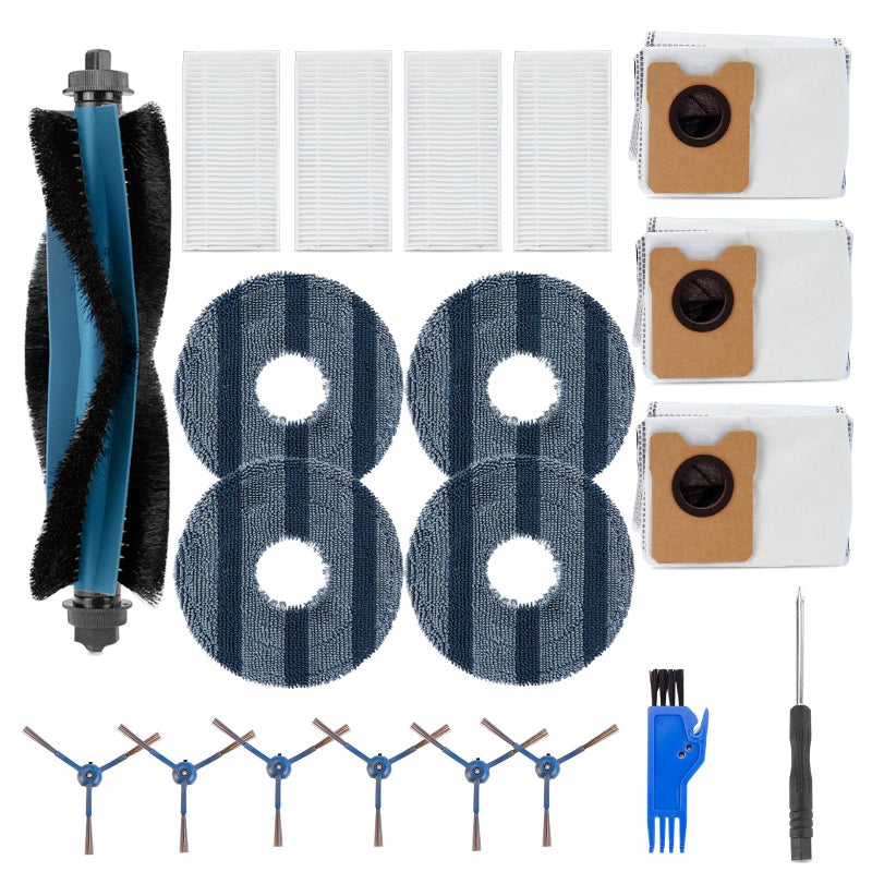 Chuancheng 20 قطعة مجموعات استبدال لمكنسة Eufy Omni C20 مع 1 فرشاة رئيسية و4 فلاتر HEPA و6 فرش جانبية و4 قطع قماش ممسحة و3 أكياس غبار و1 أداة تنظيف و1 مفكات