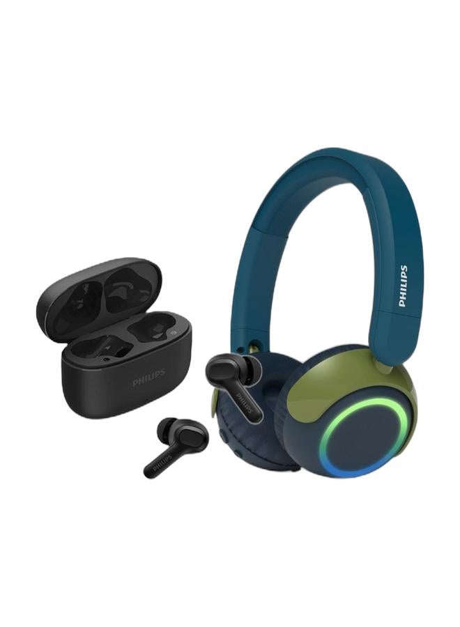 Philips TAT1109BK True Wireless Earbuds – Compact Premium Fit, Clear Dynamic Sound, Bluetooth Fast Pairing Black & TAK4200CT Kids Wireless On-Ear Headphones with Mic, 85dB safe Volume, 45H Playtime, Colorful LED Earcups, Bluetooth 5.4, Foldable & Durable, USB-C Charging Cable, Over-Ear Headset for Online Learning, School, Travel, Play (Chrystal Teal) Chrystal Teal Bundle - Image 1