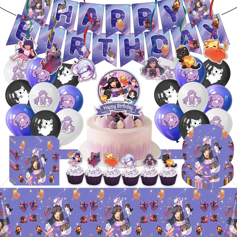 Jlemon 91 pcs Cat Game Birthday Party Supplies Plushies Cat Theme Birthday Party Supplies Set with Tablecloth,Plates,Napkins, Banner, Balloons Hanging Swirls Cake Cupcake Toppers party sets - Image 1