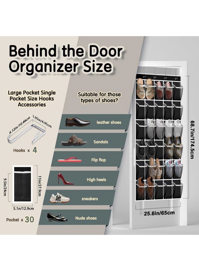 Kotkn Over the Door Shoe Organizer with 30 Breathable Mesh Pockets - Large Capacity Closet Storage for Men & Women, Hanging Shoe Rack Organizer (2PC-Black) - Image 3