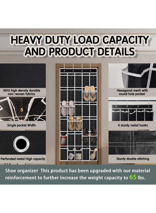 Kotkn Over the Door Shoe Organizer with 30 Breathable Mesh Pockets - Large Capacity Closet Storage for Men & Women, Hanging Shoe Rack Organizer (2PC-Black) - Image 2
