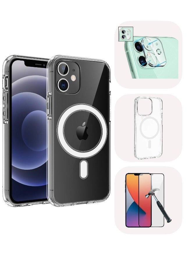 مجموعة حماية لموبايل آيفون 12 (iPhone 12) واقي شاشة من الزجاج المقسى، واقي عدسات الكاميرا، جراب ماج سيف مقاوم للصدمات والخدش، سلسلة كلاسيكية أكريليك، شفاف (3in1) - Image 1