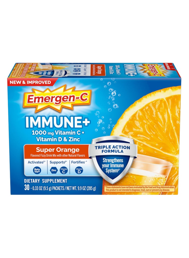 Emergen-C Emergen-C Immune+ 1000mg Vitamin C Powder, with Vitamin D, Zinc, Antioxidants and Electrolytes for Immunity, Immune Support Dietary Supplement, Super Orange Flavor - 30 Count 