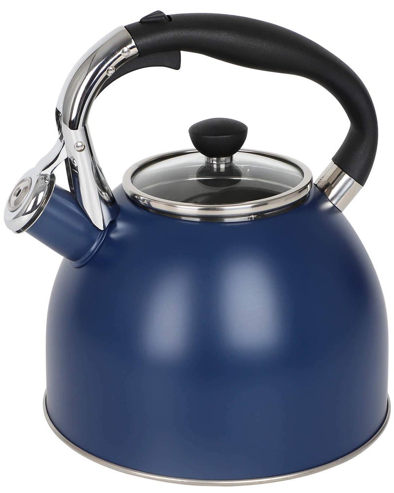 Rorence Stainless Steel Tea Kettle 26 Quart Whistling Kettle with Capsule Bottom  Heatresistant Glass Lid  Navy Blue