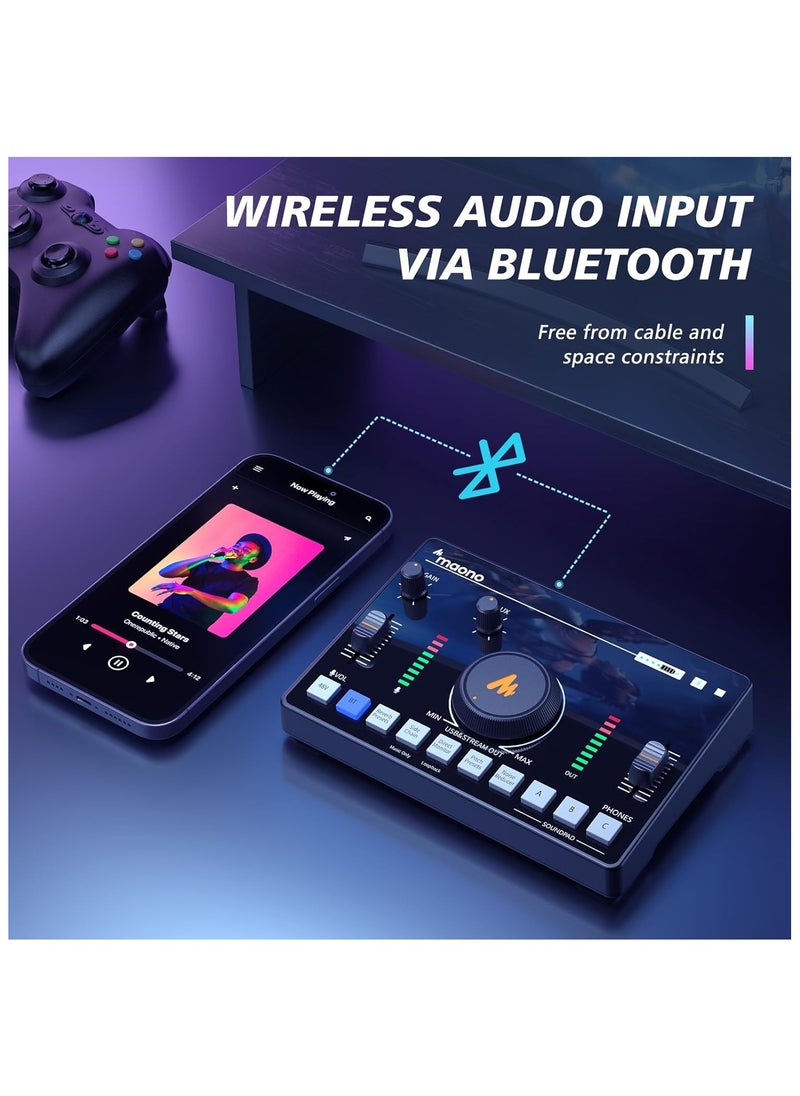 MAONO Streaming Audio Mixer Audio Interface with Pro-preamp Bluetooth Built-in Battery Noise Cancellation 48V Phantom Power for Live Streaming Podcast Recording Gaming AMC2 NEO