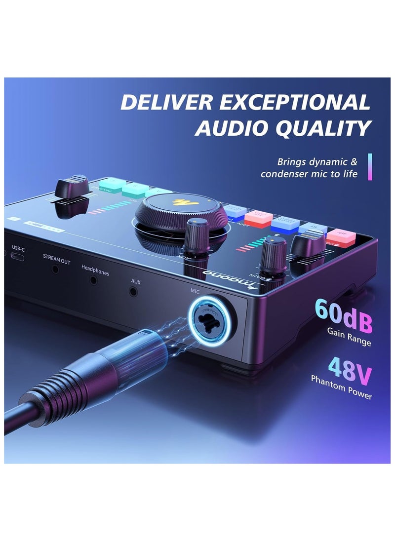 MAONO Streaming Audio Mixer Audio Interface with Pro-preamp Bluetooth Built-in Battery Noise Cancellation 48V Phantom Power for Live Streaming Podcast Recording Gaming AMC2 NEO