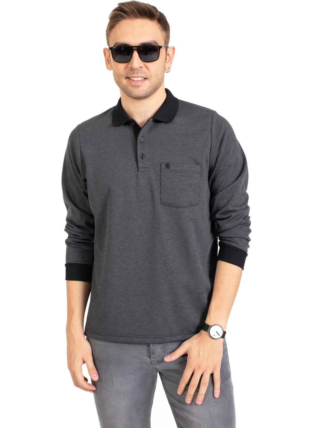 Mutlu City Men's Middle Age and Above Polo Collar Pocket Long Sleeved Corduroy Seasonal Sweatshirt 1219-Smoke