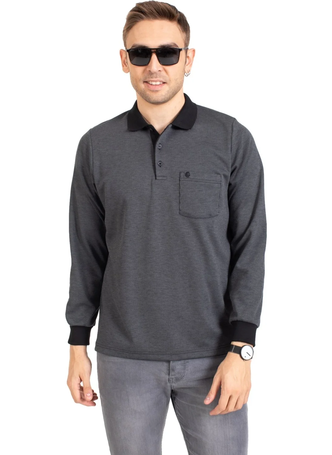 Mutlu City Men's Middle Age and Above Polo Collar Pocket Long Sleeved Corduroy Seasonal Sweatshirt 1219-Smoke