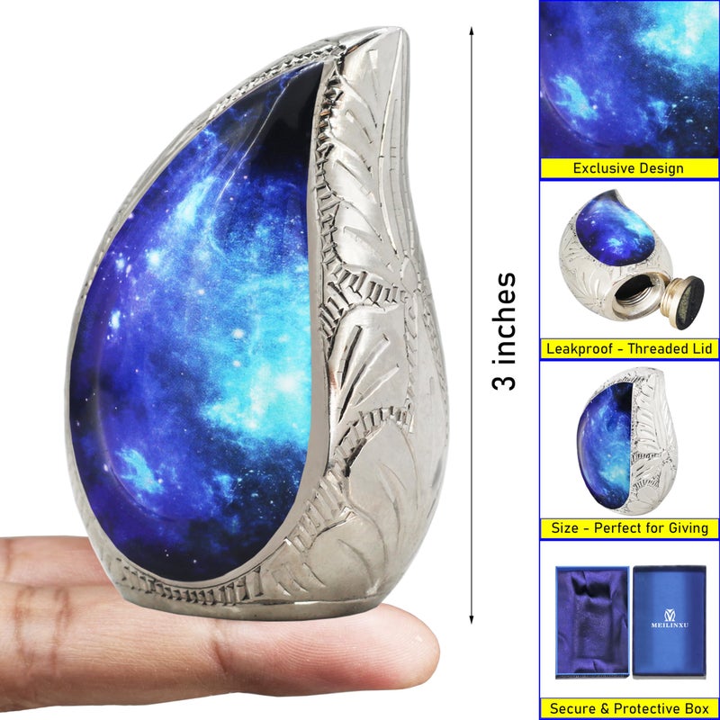 M MEILINXU Small Urns for Human Ashes Keepsake, Mini Urn for Ashes Adult Male & Female, Teardrop Cremation Container, Tear Drop Decorative - Blue Cosmic Galaxy, Brass Engraving Urn - Small Keepsake - Image 2