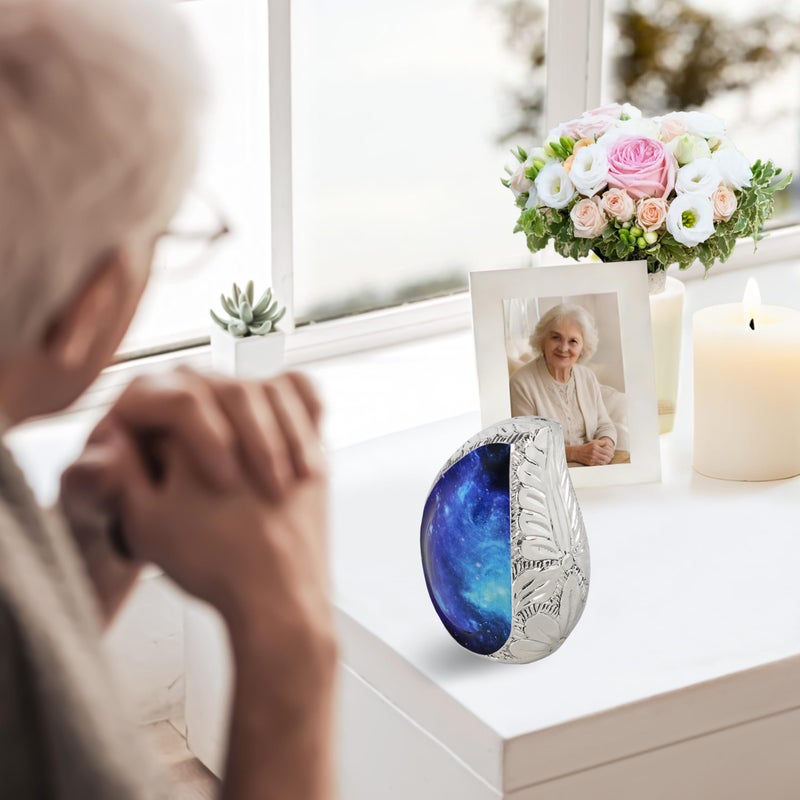 M MEILINXU Small Urns for Human Ashes Keepsake, Mini Urn for Ashes Adult Male & Female, Teardrop Cremation Container, Tear Drop Decorative - Blue Cosmic Galaxy, Brass Engraving Urn - Small Keepsake - Image 3