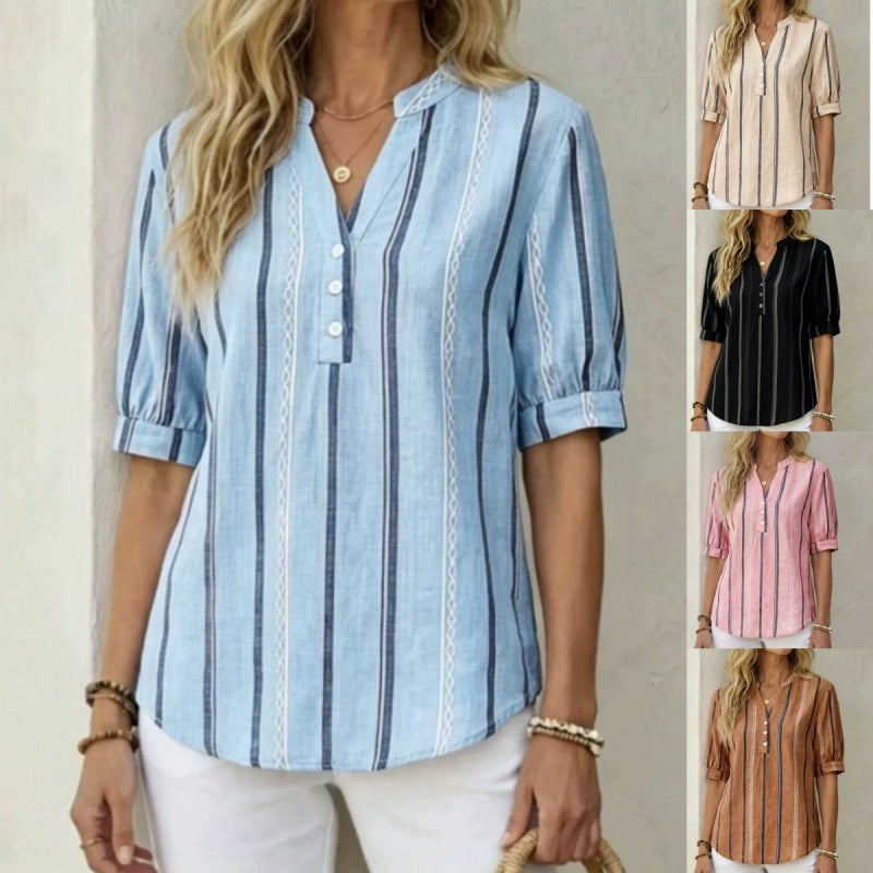 Women's Loose Slub Linen Print Blouse - Image 1