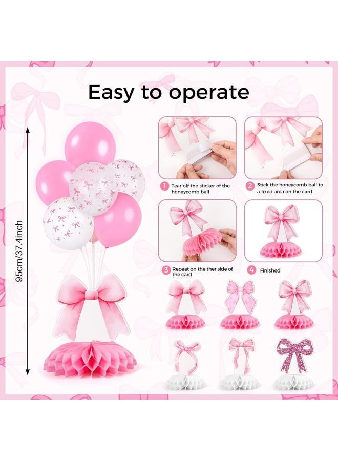 YLOLUL 6 Set Pink Bow Birthday Decoration for Table Baby Girl Shower Decorations Pink Bow Balloon Table Centerpiece with Balloons Stand Kit Honeycomb Centerpiece for Girls Birthday Wedding Party Supply - Image 3