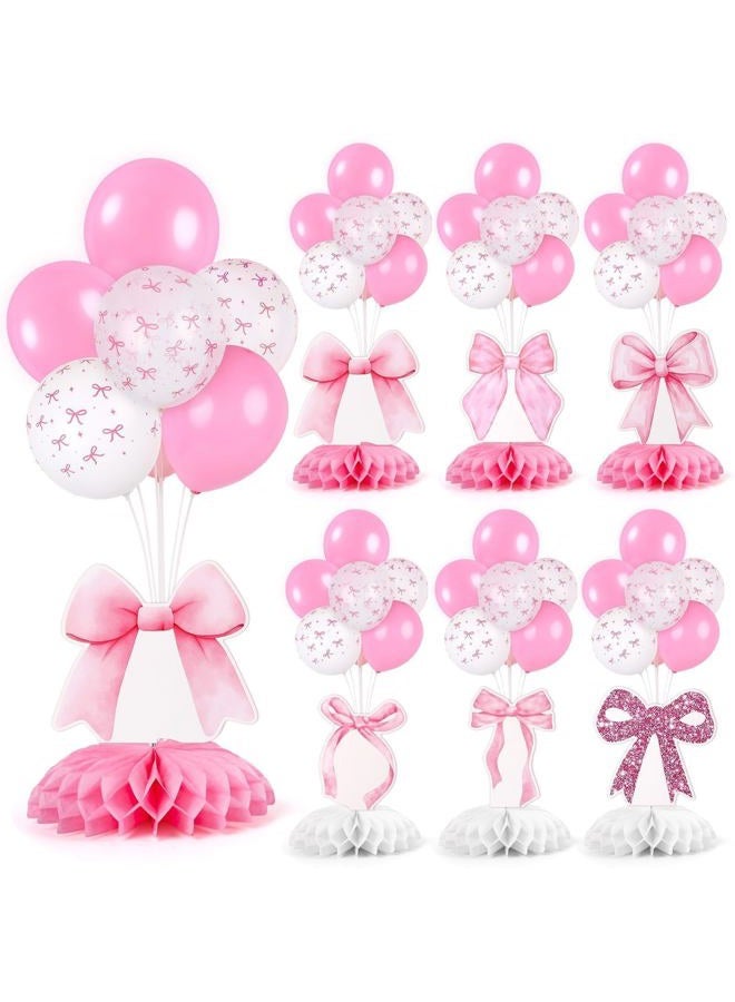 YLOLUL 6 Set Pink Bow Birthday Decoration for Table Baby Girl Shower Decorations Pink Bow Balloon Table Centerpiece with Balloons Stand Kit Honeycomb Centerpiece for Girls Birthday Wedding Party Supply - Image 1
