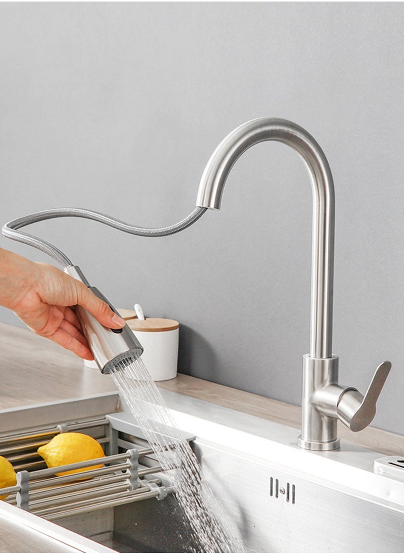 Beirui - Stainless Steel Pull Out Faucet, Kitchen Faucet with Pull Down Sprayer, Kitchen Sink Hot and Cold Water Faucet, Kitchen Faucet with Pull Down Brush, 2 Water Patterns, Single Handle High Arc Sink Faucet, 360 Degree Swivel, for Hot Water, Cold Water - Image 1