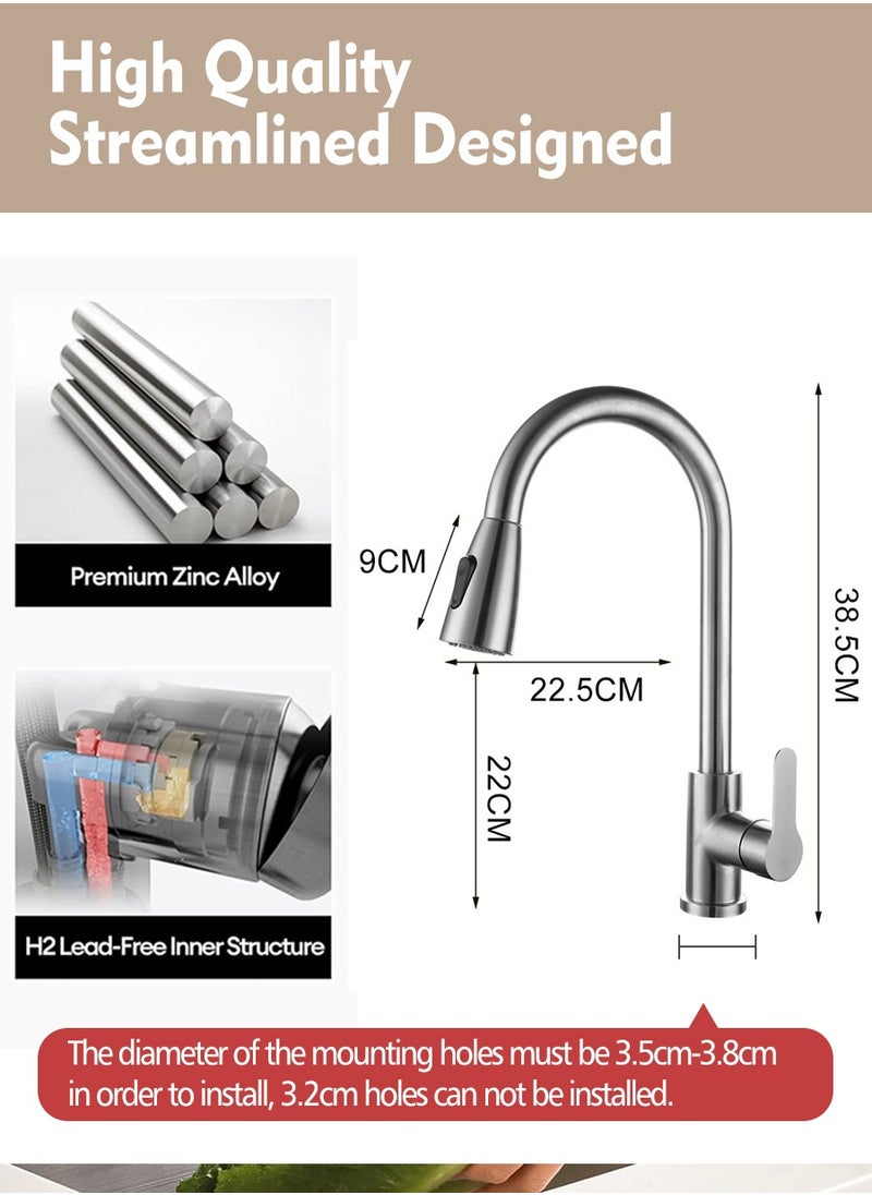 Beirui - Stainless Steel Pull Out Faucet, Kitchen Faucet with Pull Down Sprayer, Kitchen Sink Hot and Cold Water Faucet, Kitchen Faucet with Pull Down Brush, 2 Water Patterns, Single Handle High Arc Sink Faucet, 360 Degree Swivel, for Hot Water, Cold Water - Image 1