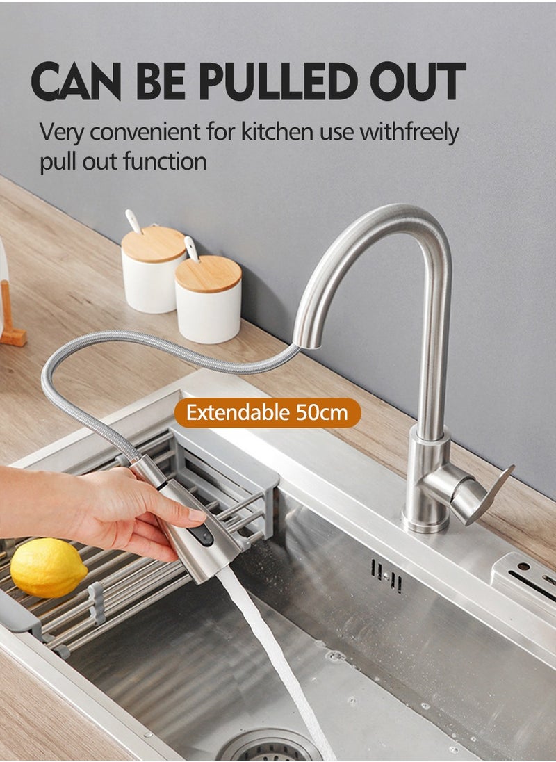 Beirui - Stainless Steel Pull Out Faucet, Kitchen Faucet with Pull Down Sprayer, Kitchen Sink Hot and Cold Water Faucet, Kitchen Faucet with Pull Down Brush, 2 Water Patterns, Single Handle High Arc Sink Faucet, 360 Degree Swivel, for Hot Water, Cold Water - Image 1