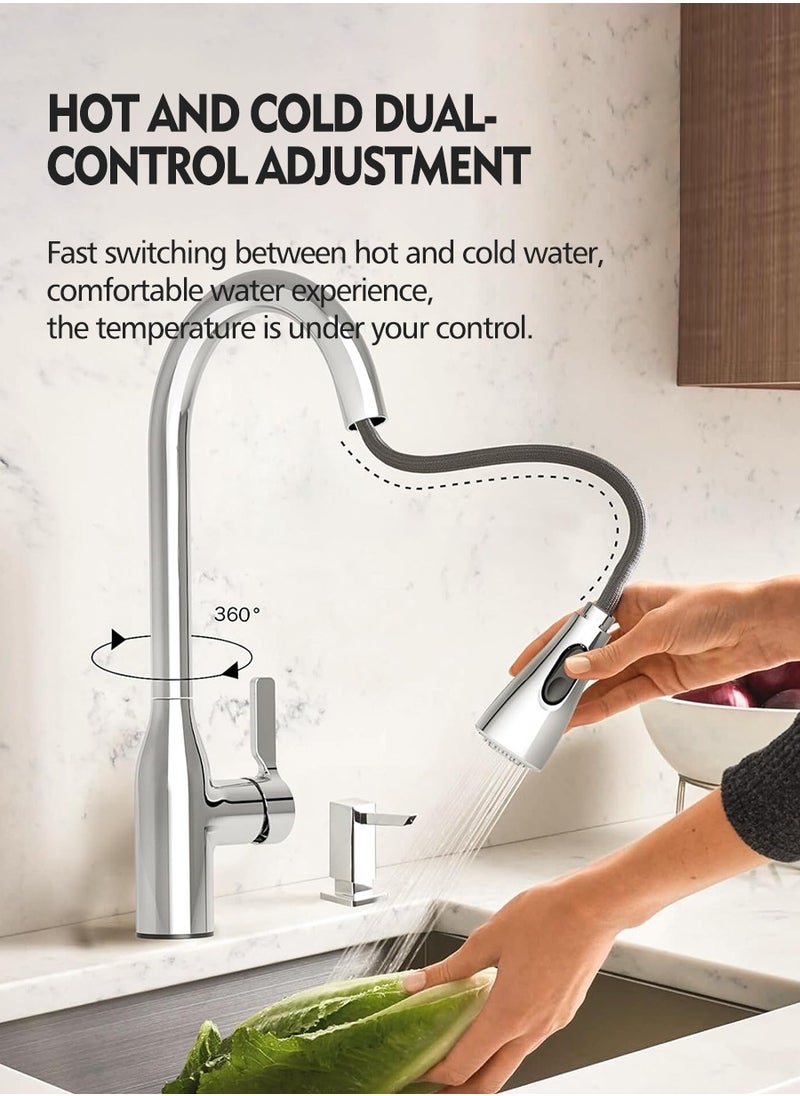 Beirui - Stainless Steel Pull Out Faucet, Kitchen Faucet with Pull Down Sprayer, Kitchen Sink Hot and Cold Water Faucet, Kitchen Faucet with Pull Down Brush, 2 Water Patterns, Single Handle High Arc Sink Faucet, 360 Degree Swivel, for Hot Water, Cold Water - Image 1