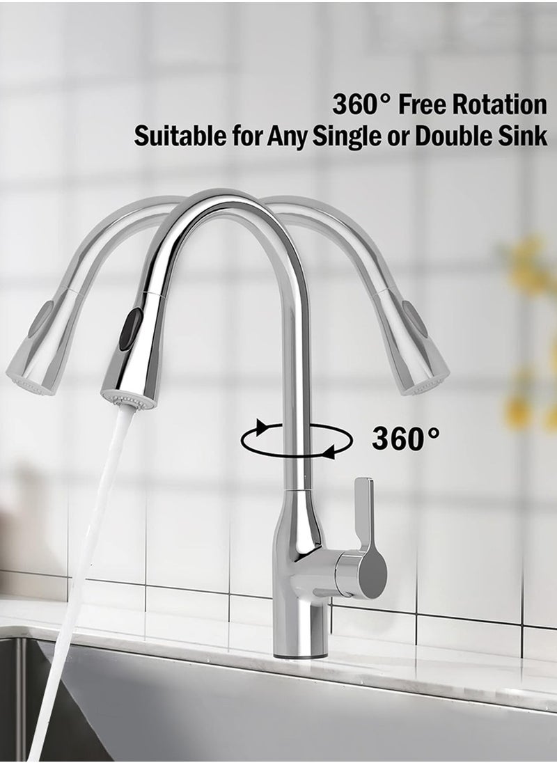 Beirui - Stainless Steel Pull Out Faucet, Kitchen Faucet with Pull Down Sprayer, Kitchen Sink Hot and Cold Water Faucet, Kitchen Faucet with Pull Down Brush, 2 Water Patterns, Single Handle High Arc Sink Faucet, 360 Degree Swivel, for Hot Water, Cold Water - Image 1