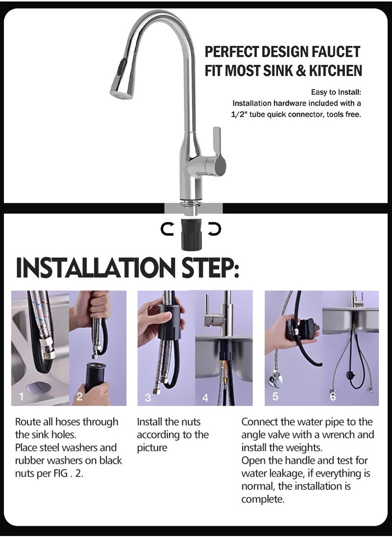 Beirui - Stainless Steel Pull Out Faucet, Kitchen Faucet with Pull Down Sprayer, Kitchen Sink Hot and Cold Water Faucet, Kitchen Faucet with Pull Down Brush, 2 Water Patterns, Single Handle High Arc Sink Faucet, 360 Degree Swivel, for Hot Water, Cold Water - Image 1