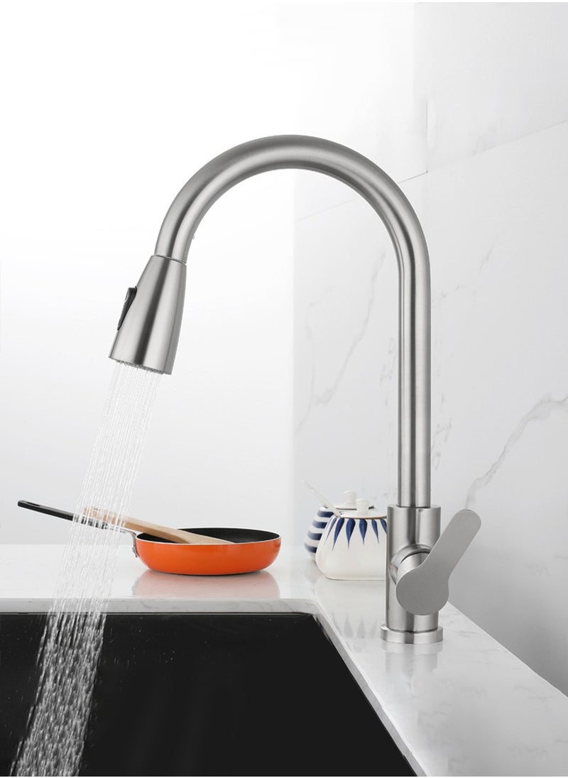 Beirui - Stainless Steel Pull Out Faucet, Kitchen Faucet with Pull Down Sprayer, Kitchen Sink Hot and Cold Water Faucet, Kitchen Faucet with Pull Down Brush, 2 Water Patterns, Single Handle High Arc Sink Faucet, 360 Degree Swivel, for Hot Water, Cold Water - Image 1