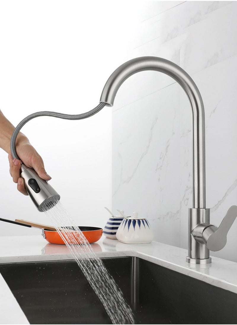 Beirui - Stainless Steel Pull Out Faucet, Kitchen Faucet with Pull Down Sprayer, Kitchen Sink Hot and Cold Water Faucet, Kitchen Faucet with Pull Down Brush, 2 Water Patterns, Single Handle High Arc Sink Faucet, 360 Degree Swivel, for Hot Water, Cold Water - Image 1