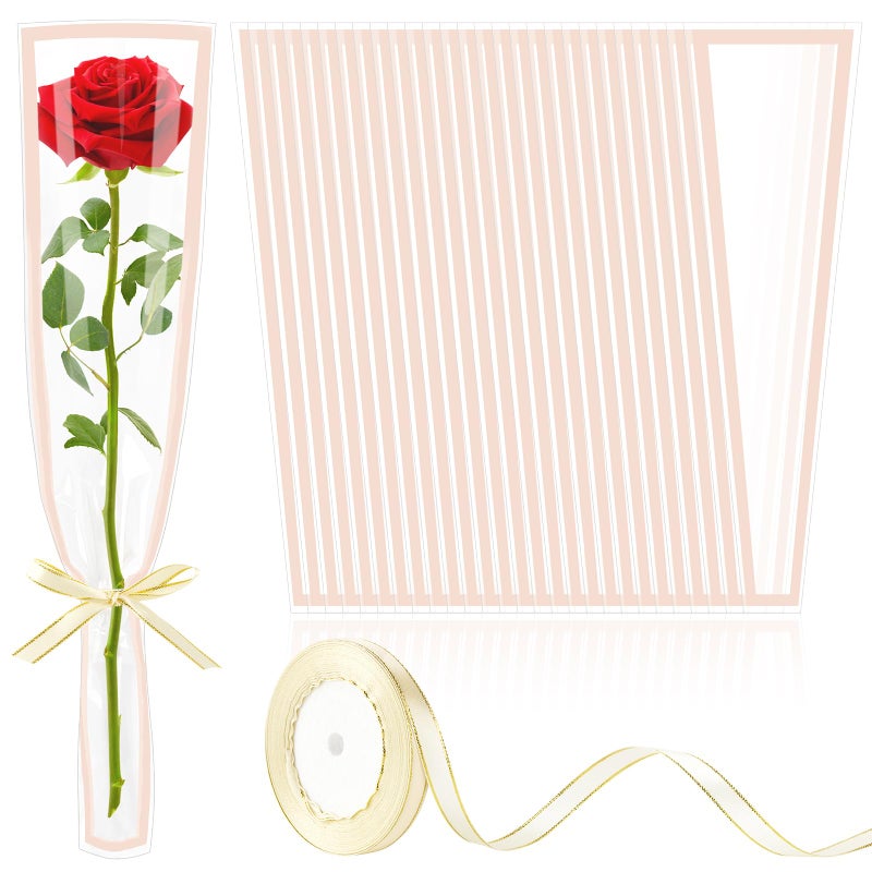 Mauproy 100Pcs Single Rose Sleeves with Pink Edges, Single Flower Bags with Ribbons Plastic Flower Wrap for Mother's Day, Flower Bars, Florist Supplies - Image 1