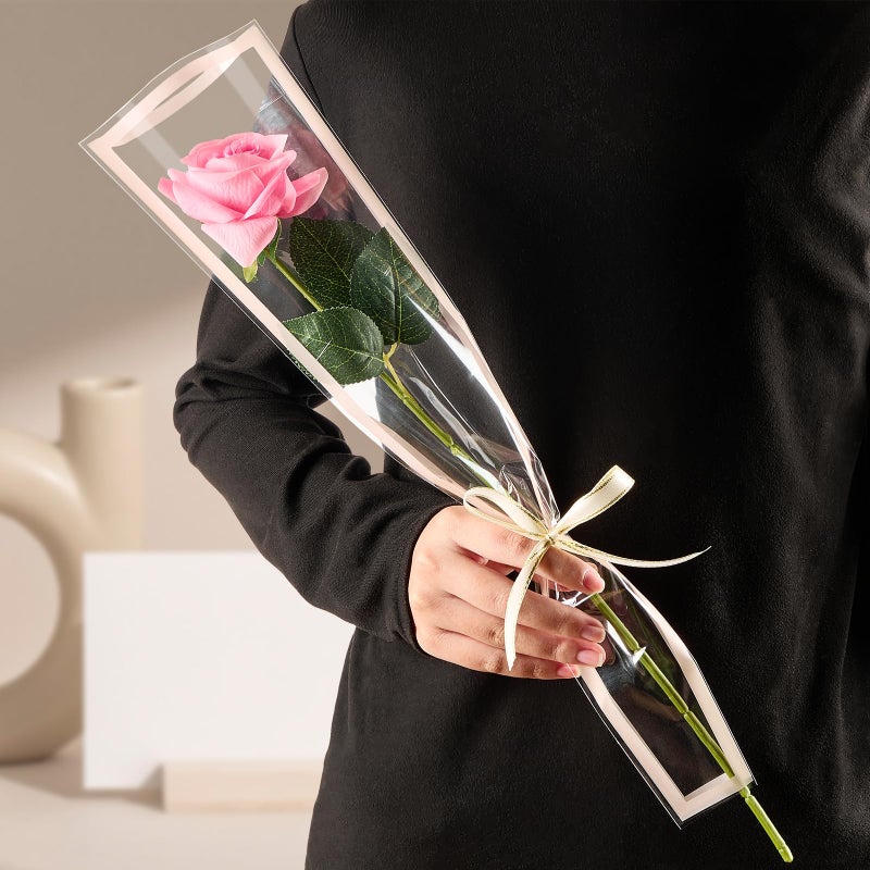 Mauproy 100Pcs Single Rose Sleeves with Pink Edges, Single Flower Bags with Ribbons Plastic Flower Wrap for Mother's Day, Flower Bars, Florist Supplies - Image 5