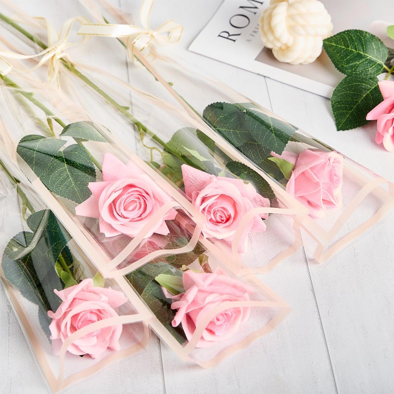 Mauproy 100Pcs Single Rose Sleeves with Pink Edges, Single Flower Bags with Ribbons Plastic Flower Wrap for Mother's Day, Flower Bars, Florist Supplies - Image 4
