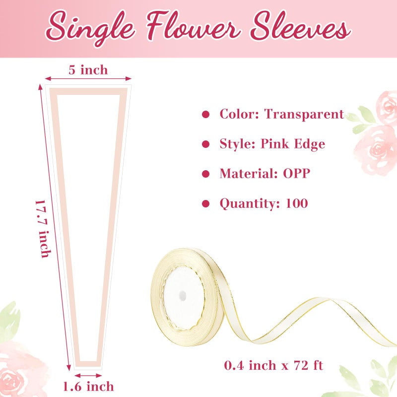 Mauproy 100Pcs Single Rose Sleeves with Pink Edges, Single Flower Bags with Ribbons Plastic Flower Wrap for Mother's Day, Flower Bars, Florist Supplies - Image 2