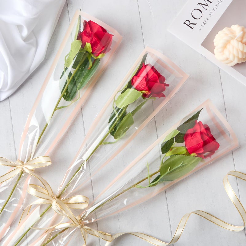 Mauproy 100Pcs Single Rose Sleeves with Pink Edges, Single Flower Bags with Ribbons Plastic Flower Wrap for Mother's Day, Flower Bars, Florist Supplies - Image 3
